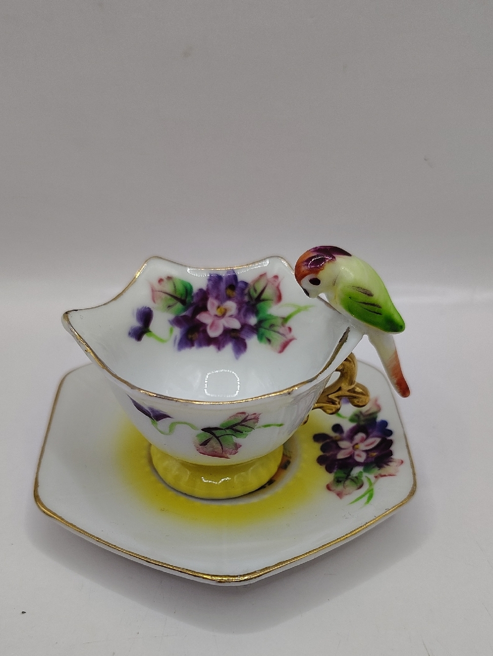 Vintage Miniature Teacup And Saucer With Parrot Bird, Virginia City, Nevada